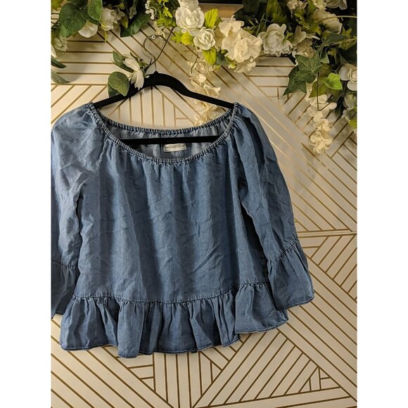 ZARA WOMAN DENIM COLLECTION Women's Chambray Ruffle Blouse Lyocell Size Small - Picture 3 of 7